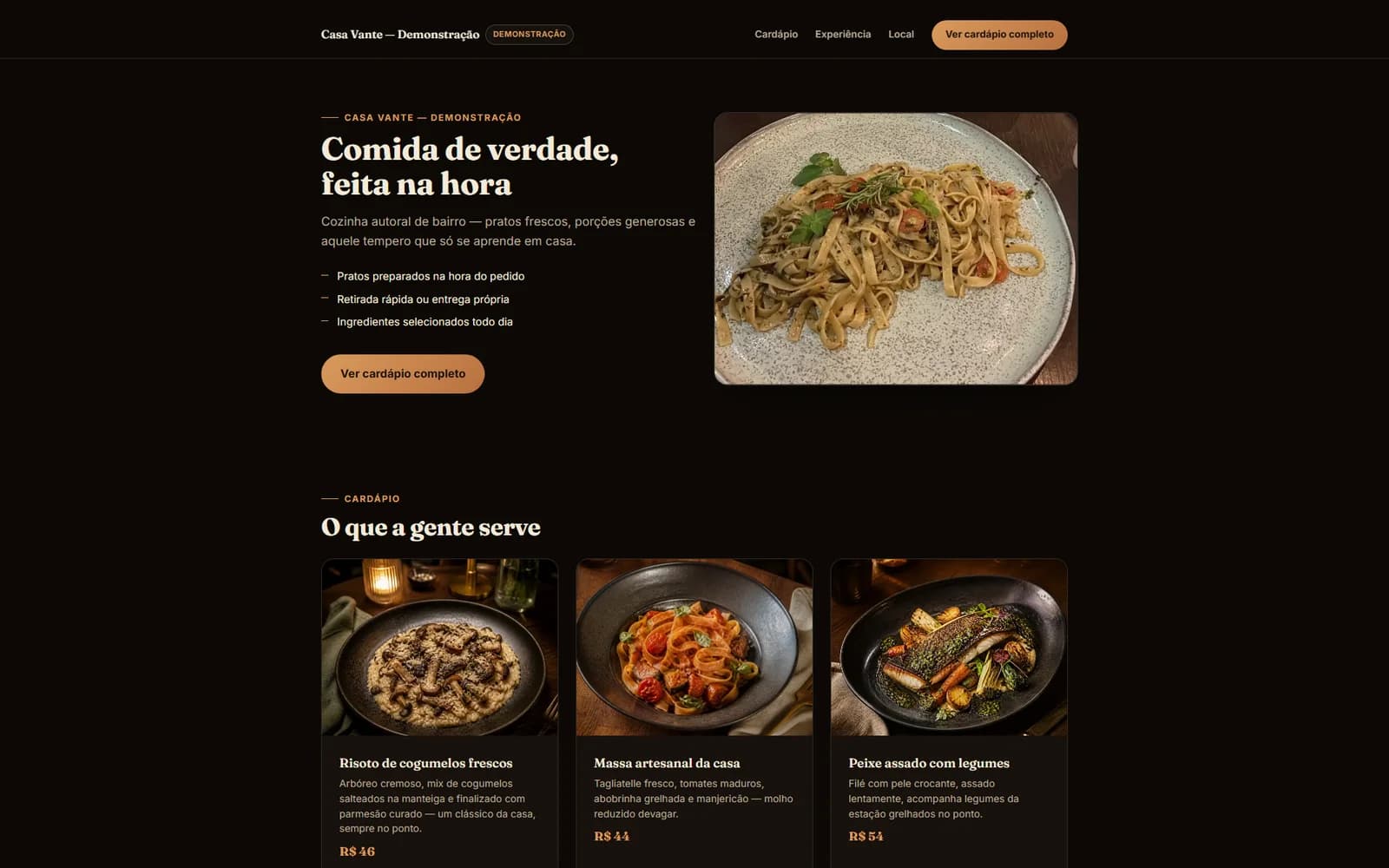 Demonstração pública da Vante para restaurantes, em desktop