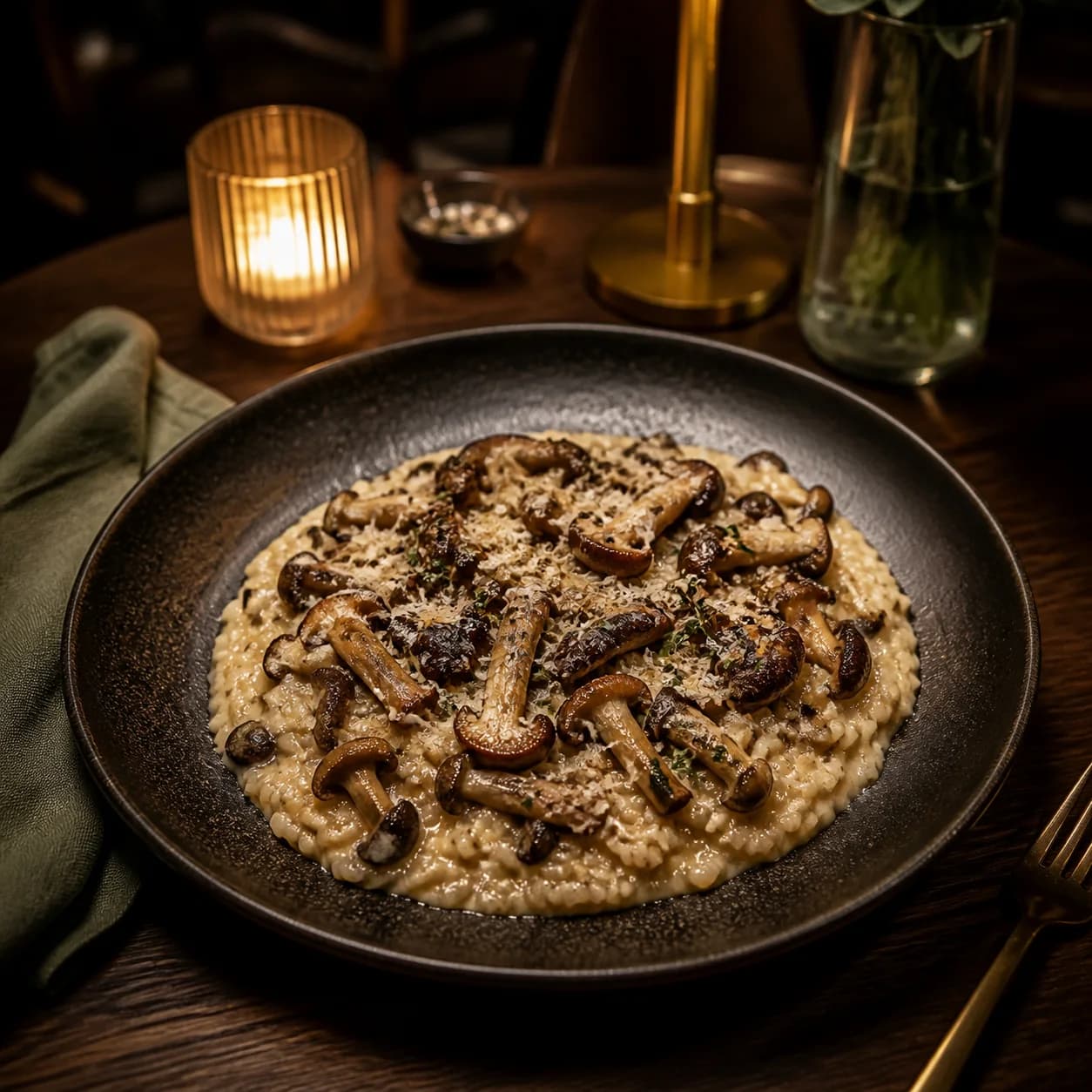 Risoto de cogumelos frescos, finalizado com parmesão curado (foto de demonstração)