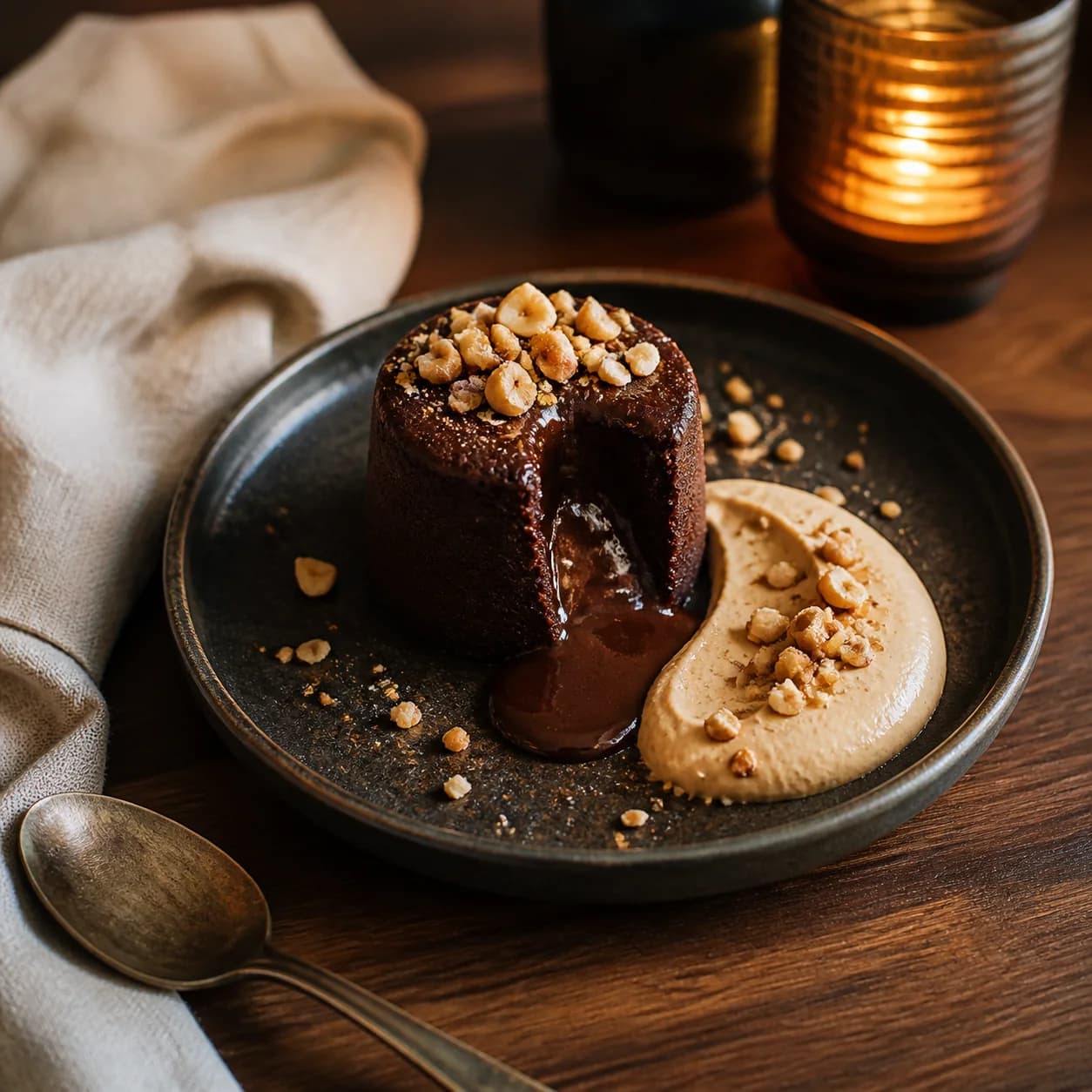 Petit gâteau quente, recheio de chocolate derretido — a sobremesa da oferta de boas-vindas (foto de demonstração)